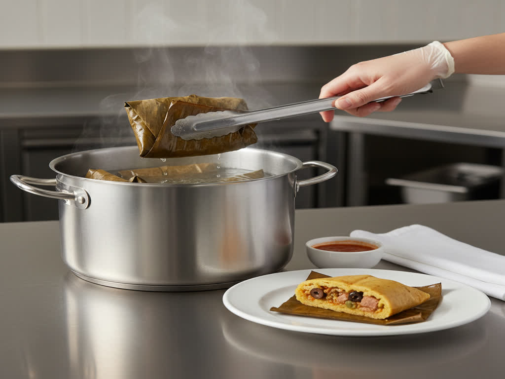 Hallaca envuelta en hoja calentándose al baño María para conservar humedad y textura