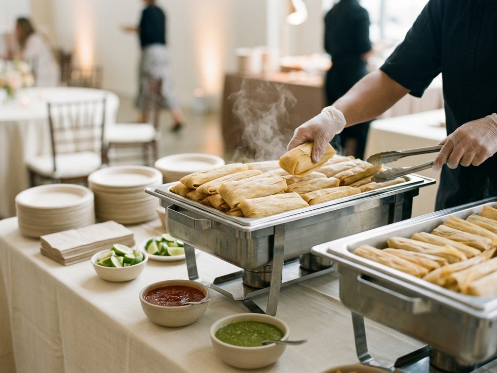 Catering de tamales para eventos, porciones uniformes y calientes