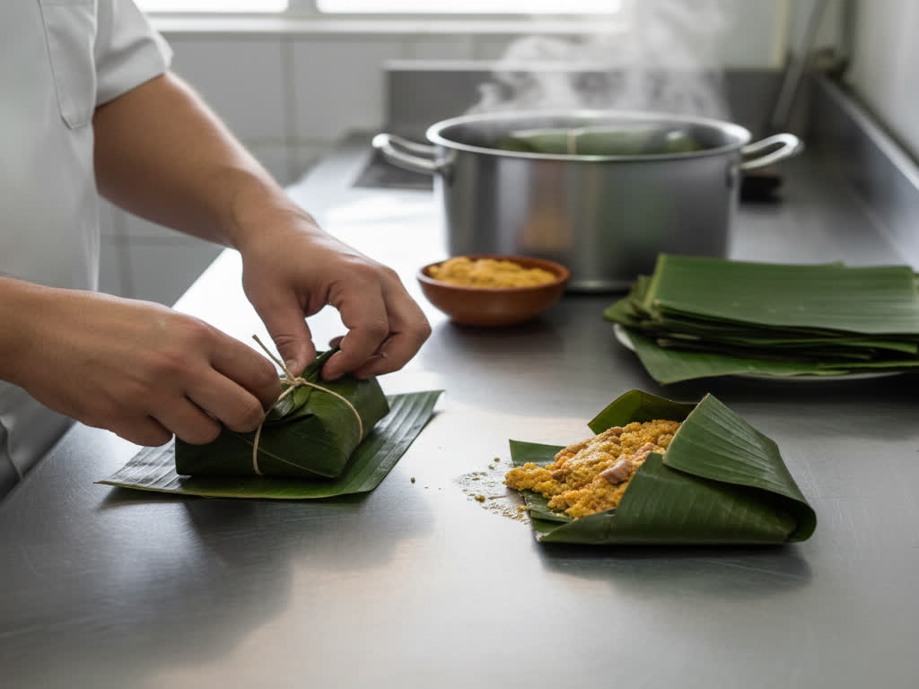 Tamal tolimense envuelto en hoja de bijao, con masa cremosa y presas jugosas