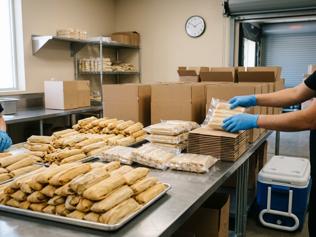 Cajas con tamales tolimenses y santandereanos etiquetados para entrega mayorista
