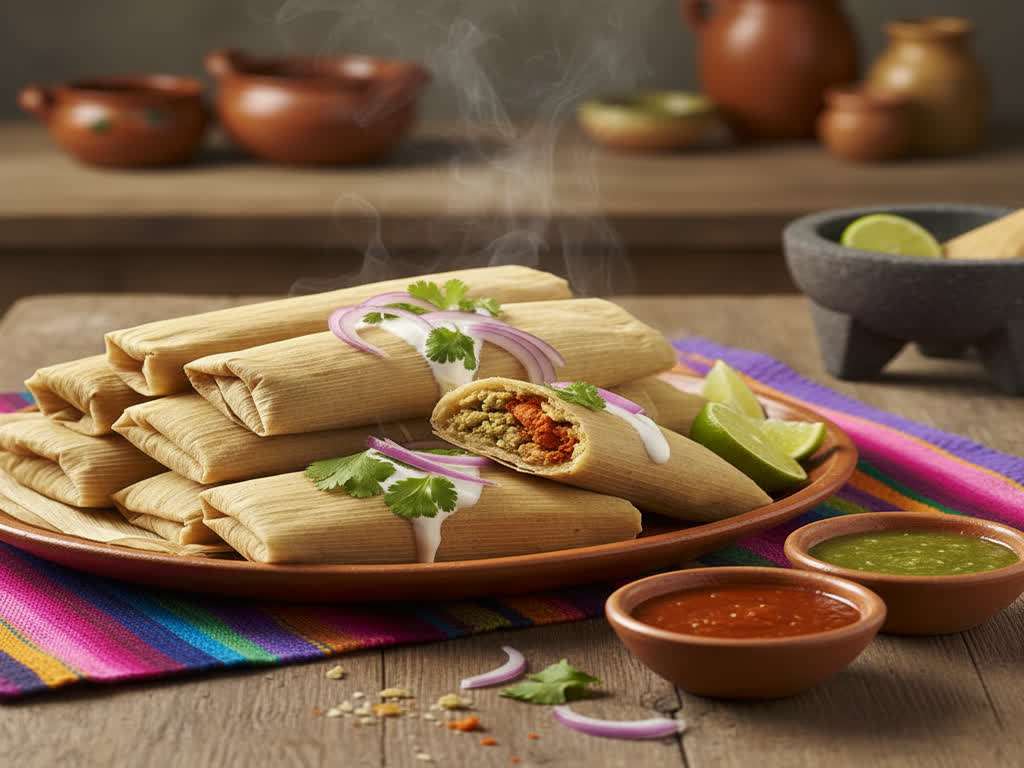 Tamales tradicionales envueltos en hoja de plátano, listos para servir en evento corporativo en Bogotá