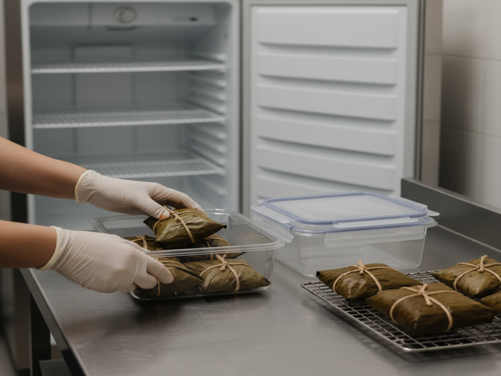 Hallacas cocidas envueltas en hoja, almacenadas en recipientes herméticos para conservar humedad y sabor