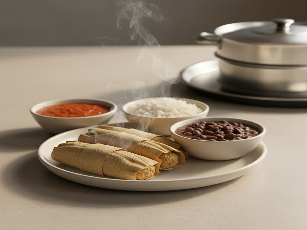 Tamales caseros servidos con ají y chocolate caliente