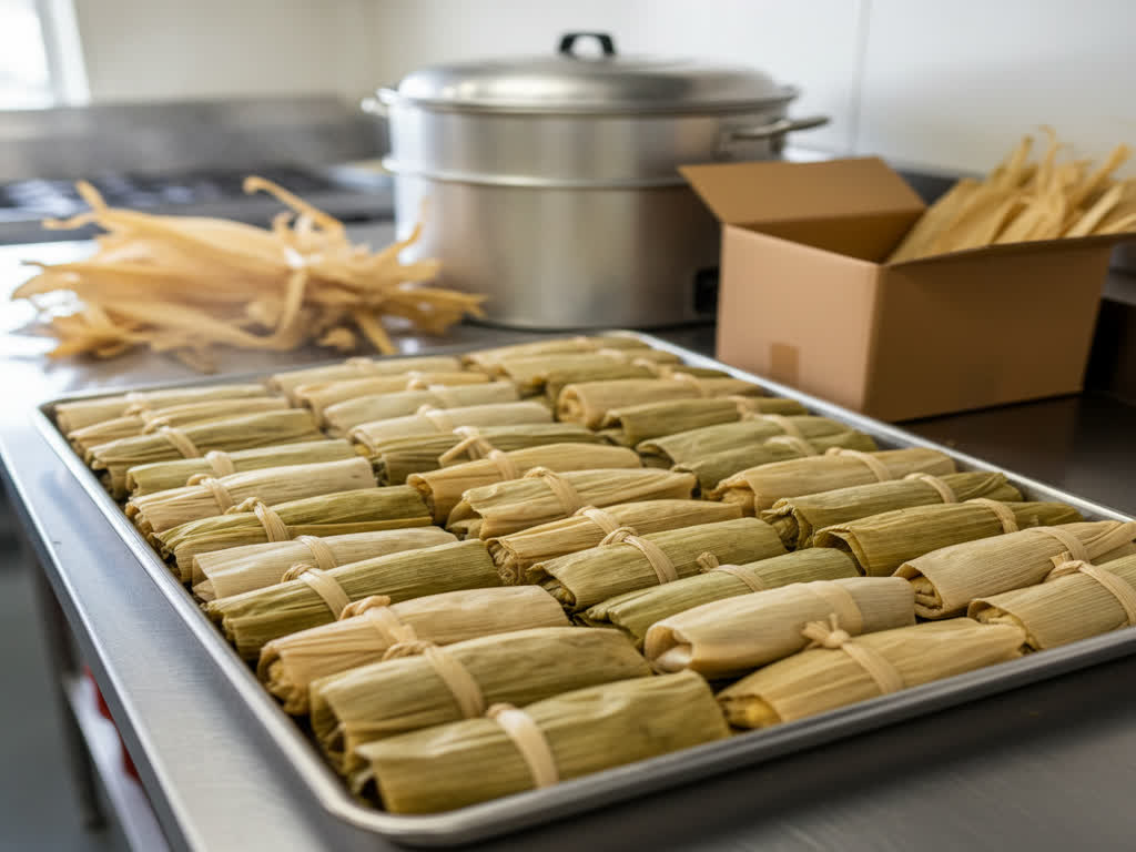 Tamales tradicionales en hoja, armados y atados, listos para entrega al por mayor con calidad y textura jugosa.